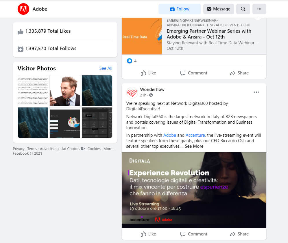 Στιγμιότυπο οθόνης της σελίδας της Adobe στο Facebook