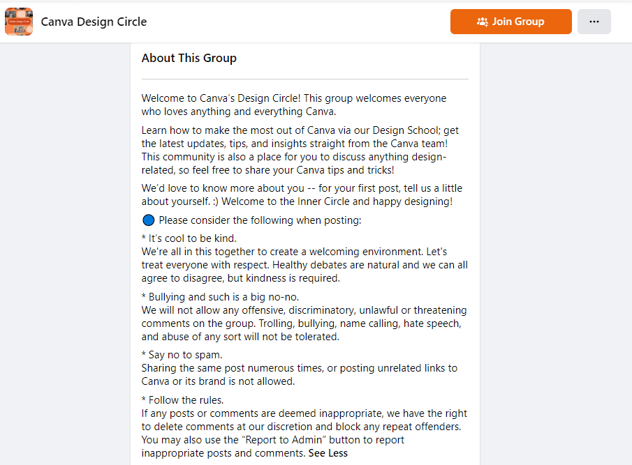 Canva ομάδα Facebook σχετικά με πληροφορίες