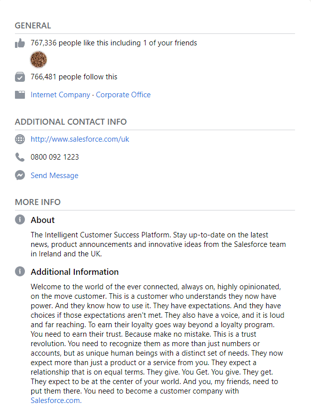 Σελίδα Salesforce στο Facebook σχετικά με πληροφορίες